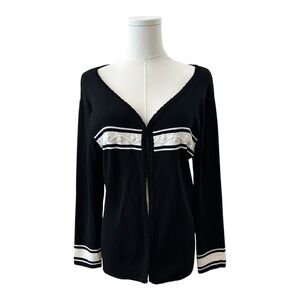 Women's Medium Tight-Knit Black White Career Casual Embroidered Pearl Cardigan